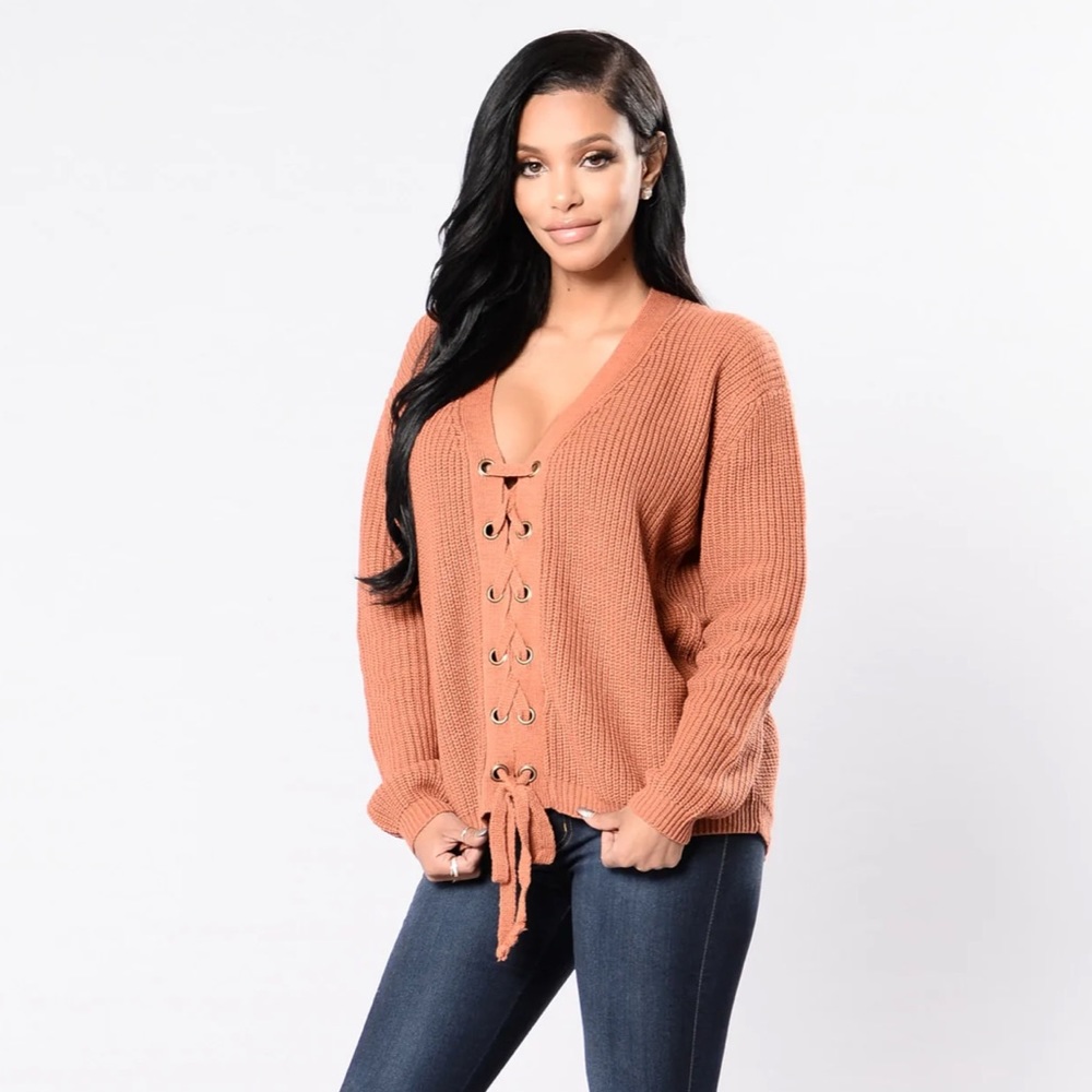 Long Sleeve Lace Up Tie Sweater - Picture 2 of 8
